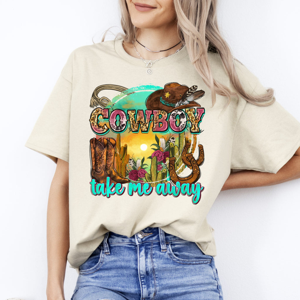 Cowboy take me away T-Shirt Texas Western boots cactus hat Unisex tee White Sand Sport Grey