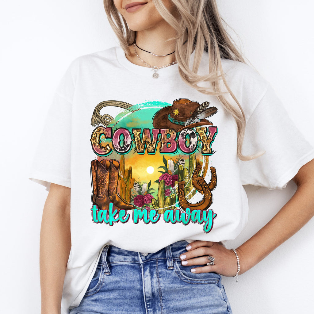 Cowboy take me away T-Shirt Texas Western boots cactus hat Unisex tee White Sand Sport Grey
